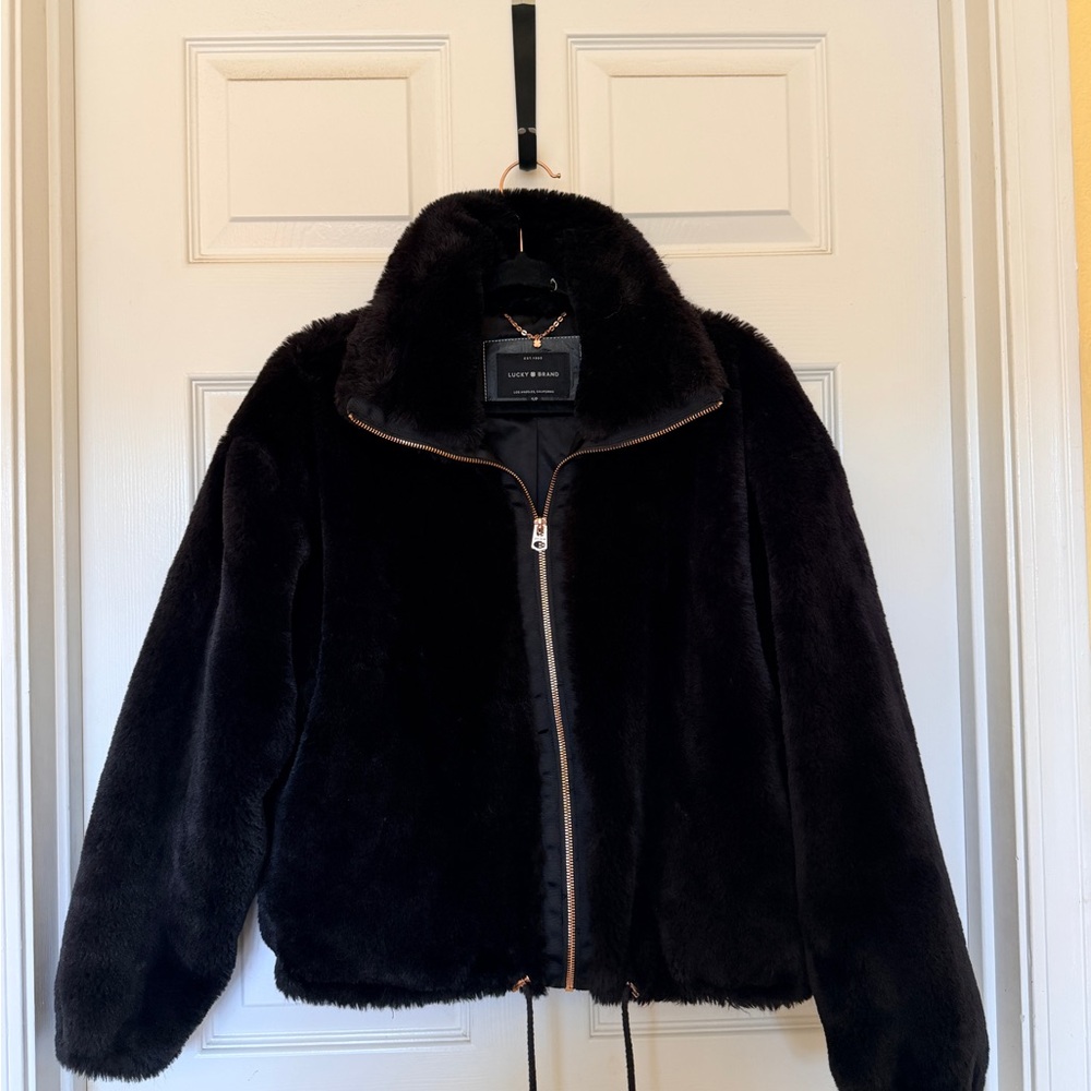 Lucky Brand Black Faux Fur Zip-Up Jacket S but fits M